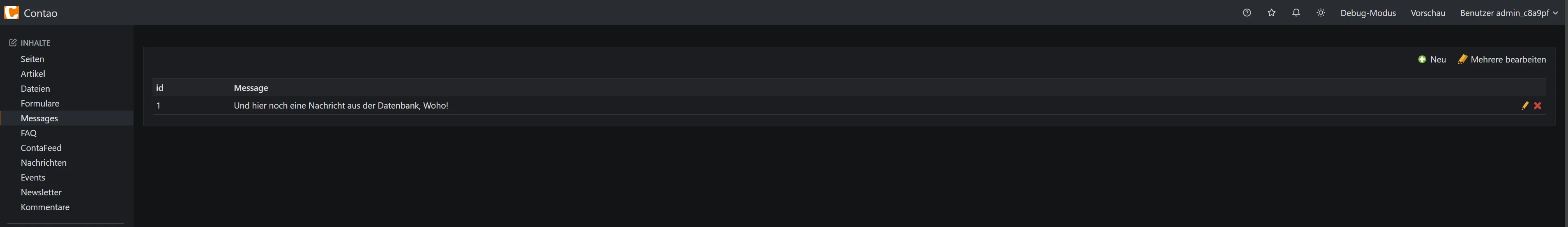 Création des messages via le backend de Contao Dans le backend de Contao se trouve maintenant l'onglet de menu 'Messages', qui sert à créer des messages
